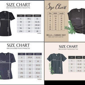 May include: Size charts for various Bella Canvas t-shirts, including women's and youth sizes. Measurements are in inches for chest and length, with sizes ranging from XS to 3XL. The charts display the width and length of the shirts.