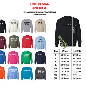 K&ouml;nnte beinhalten: Eine Tabelle mit den Gr&ouml;&szlig;en und Ma&szlig;en eines Gildan 18000 Heavy Blend Crewneck-Sweatshirts. Die Tabelle zeigt die Gr&ouml;&szlig;e, die Brustweite in Zoll und Zentimetern sowie die L&auml;nge in Zoll und Zentimetern. Der Pullover ist in 20 verschiedenen Farben erh&auml;ltlich.