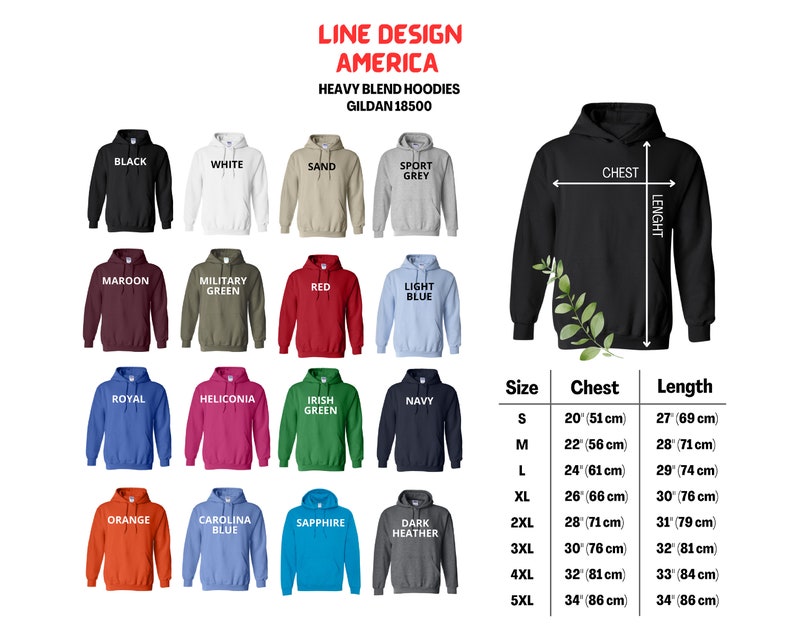 May include: A selection of Gildan 18500 heavy blend hoodies in various colors, including black, white, and navy. The image includes a size chart with chest and length measurements in inches, ranging from S to 5XL.