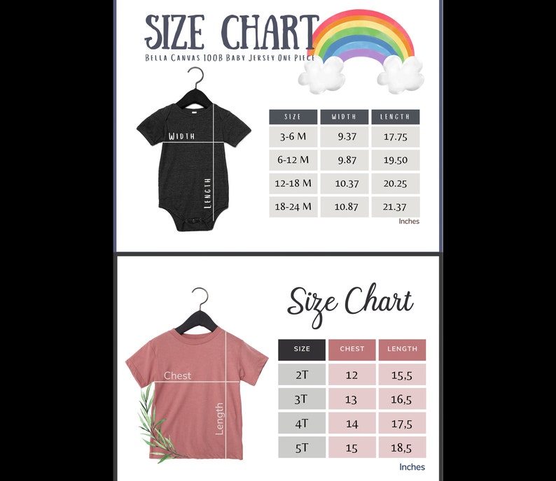 May include: Size chart for baby and toddler clothing. The top chart shows measurements for a baby onesie, including width and length in inches. The bottom chart shows chest and length measurements for toddler t-shirts, also in inches.