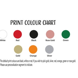 May include: A color chart showing the different print colors available: white, red, black, rose gold, green, gold, orange, and silver. The default print colors are black, white, or red.  Please use the personalization segment to indicate your desired color.