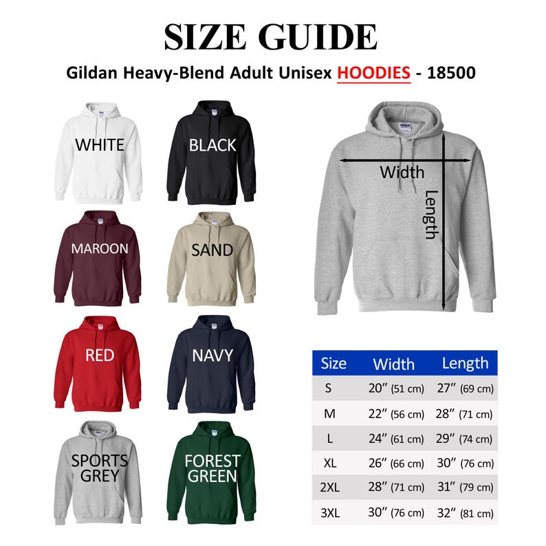May include: Size guide for Gildan Heavy-Blend adult unisex hoodies. The image displays hoodies in colours including white, black, maroon, sand, red, navy, sports grey, and forest green. Measurements are in inches and cm for sizes S to 3XL.