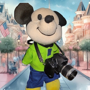 May include: A Mickey Mouse soft toy wearing a green jacket, blue shorts, and yellow shoes, holding a black camera with a lens. The background shows a street scene with buildings and people, with an American flag.
