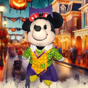May include: A plush Minnie Mouse doll in a Halloween costume stands in front of a festive street scene. She wears a green and yellow outfit with a purple skirt and bow. A jack-o'-lantern and bats decorate the background.