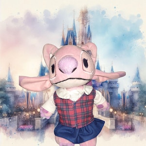 May include: A pink plush toy with large ears and a distinctive face, wearing a red plaid vest, a white collared shirt, and a blue skirt. The background features a watercolor painting of a castle.