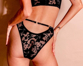 Handmade Open Back Lace Panties - Black Semi Sheer Stretch Lace Knickers - Bamboo Gusset - Sustainable Womens Underwear - Rock&Lola Lingerie