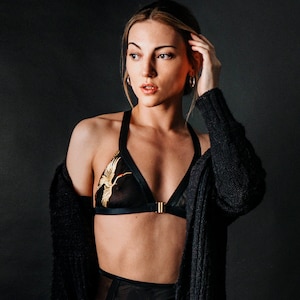 Handmade Triangle Bralette Black Embroidered Stretch Mesh Bralet Top Sustainable Womens Underwear Rock&Lola Indie Lingerie image 3