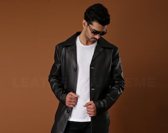 Leather Trench Coat For Men, Black Leather Military Coat, Christmas Winter Coat, Father Gift , Best Gift , Christmas Gift Trench Coat