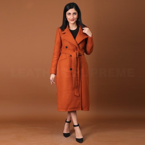 Gift for Her Women Leather Trench Full Length Handmade Orange Wool Winter Coat Long Wool Coat Unique Gift  Fall Clothing Wool