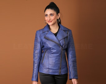 Women's Blue Sheepskin Leather Biker Jacket, Slim Fit