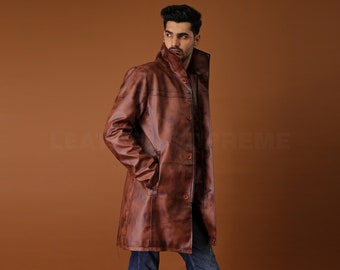 Leather Trench Coat For Men, Brown Leather Overcoat, Handmade Coat , Gift For Him, Handmade gift , Valentines Day Gift , Men Clothing