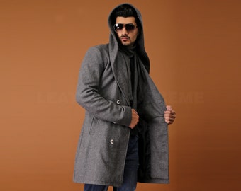 Men Trench Coat, Wool Coat  Grey Wool Double Breasted Coat, Handmade Hooded Winter Coat, Halloween Gift For Him, Real Wool, Fall Clothing