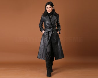 Women Black Real Leather Trench Full Length Handmade Coat Best Gift For Her Womens Clothing Thanksgiving Christmas Gifts Birthday Gift