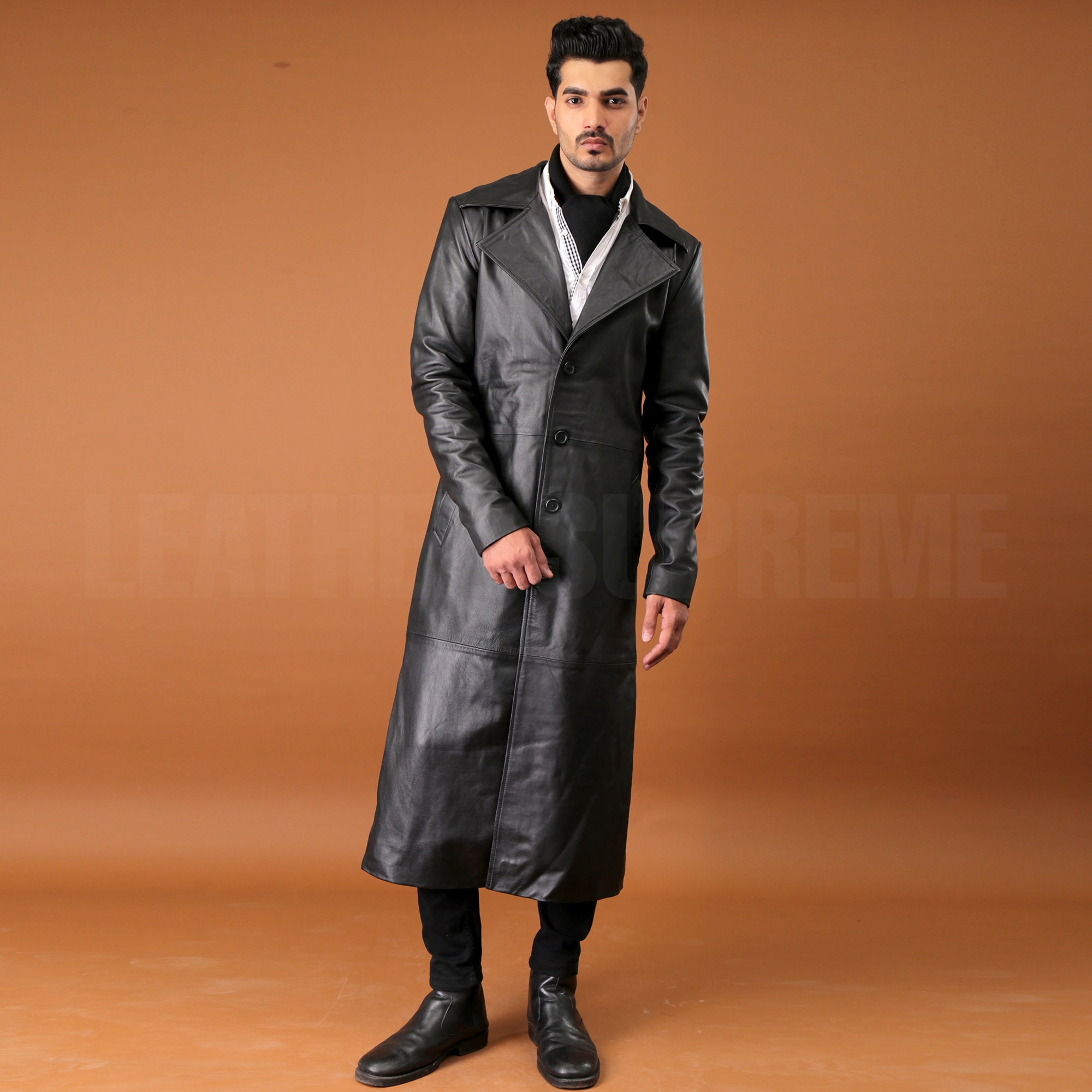 Handmade Black Sheepskin Leather Trench Coat | Longline Winter 