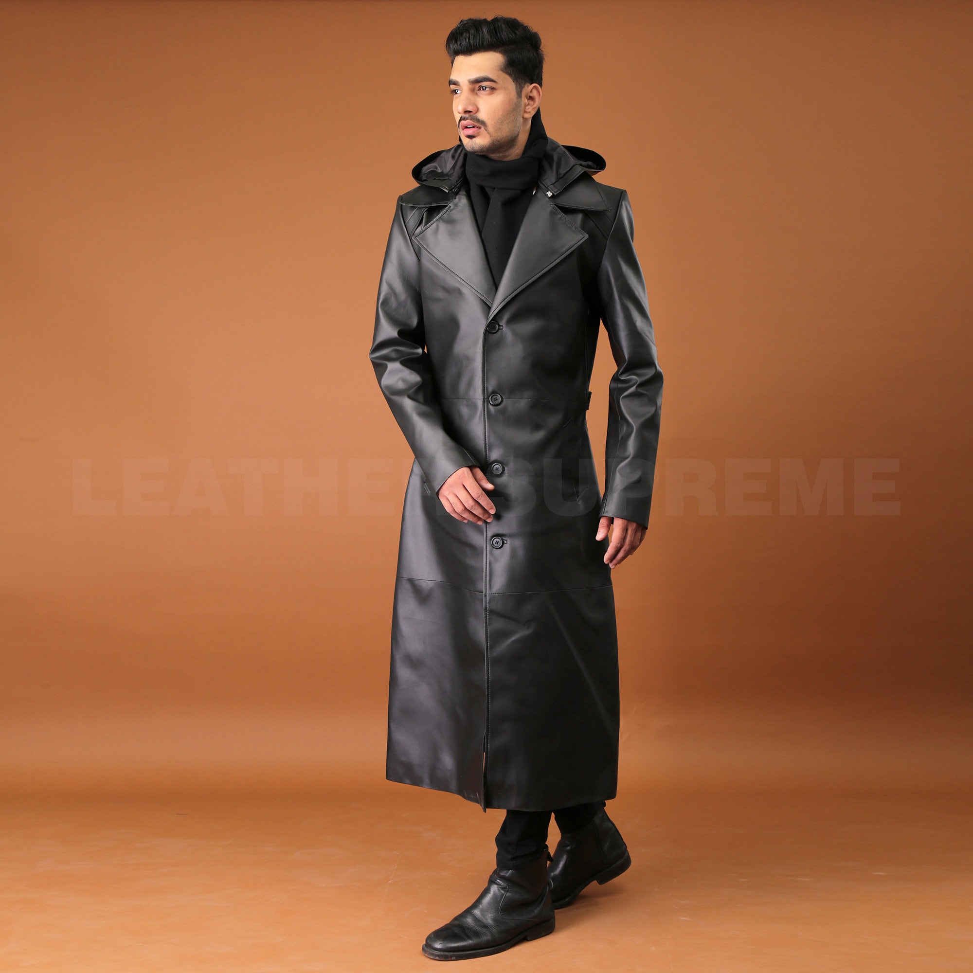 Handmade Black Leather Long Hooded Trench Coat | Cyberpunk Fashion
