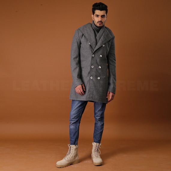 Men's Handmade Wool Trench Coat, Grey Double Breasted Hooded