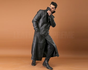 Men Black Leather Long Coat | Black Trench Long Coat For Men | Trench Coat | , Handmade Gift For Him, Handmade gift , Valentines Day Gift