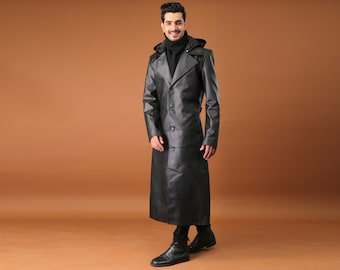 Black Long Hooded Coat For Men |Leather Long Coat |Black Trench, Handmade Full Length Gift For Him, Handmade gift , Valentines Day Gift