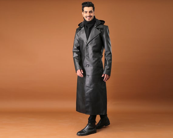 Handmade Black Leather Long Hooded Trench Coat | Cyberpunk Fashion