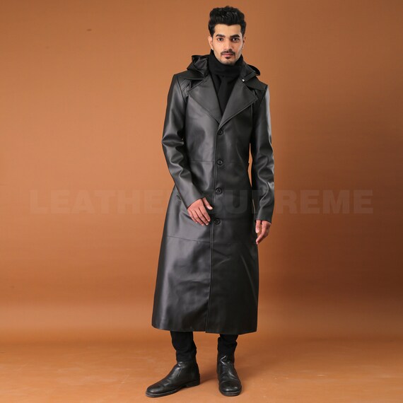 Handmade Black Leather Long Hooded Trench Coat | Cyberpunk Fashion