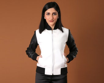 Handmade Black Leather Bomber Jacket for Women | Men's Sheepskin Black & White Leather Bomber Jacket | Halloween Gift For Her, Fall Clothing