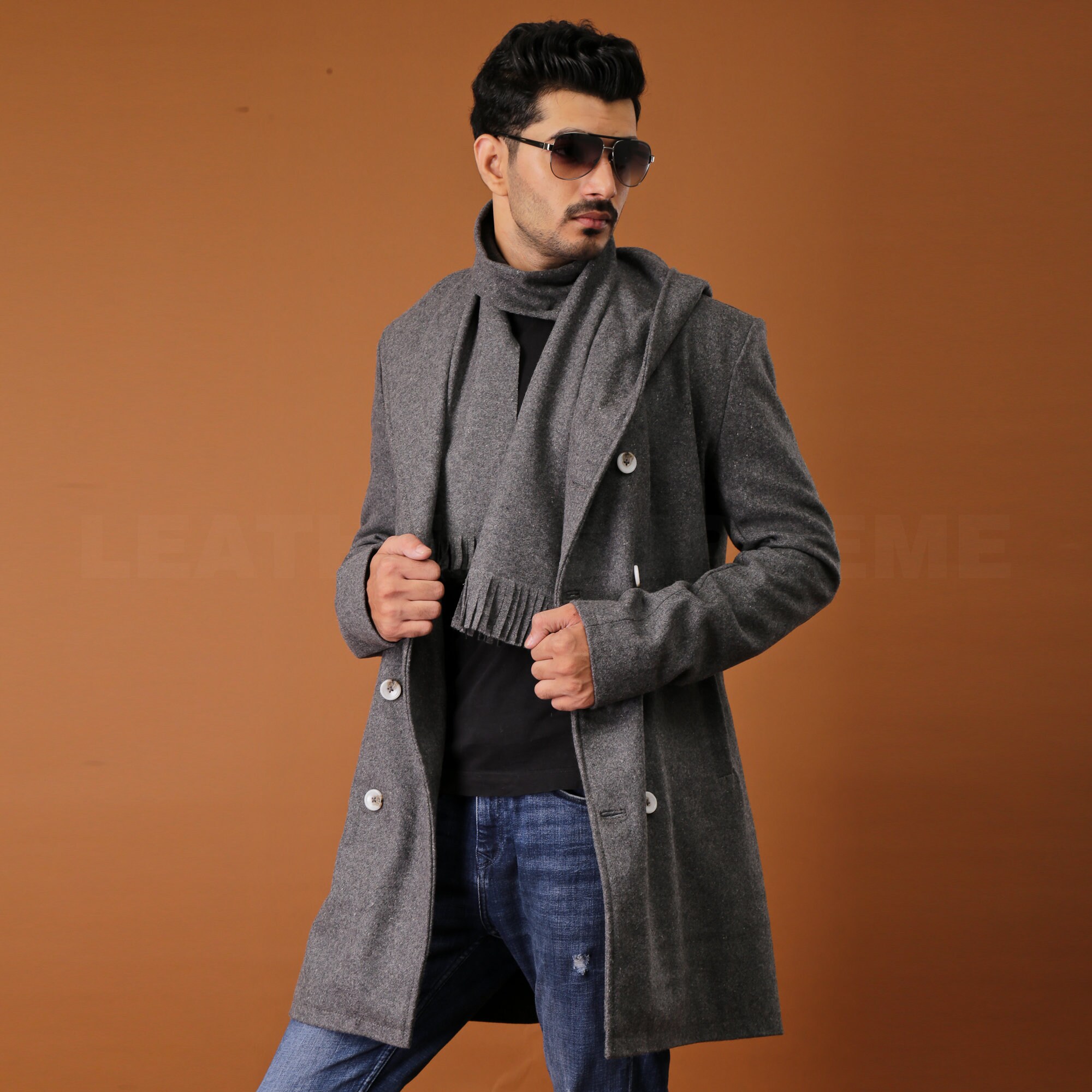 PRIJOUHE Men's Wool Blend Trench Coat - Double Breasted, Regular Fit, Grey, X-Large
