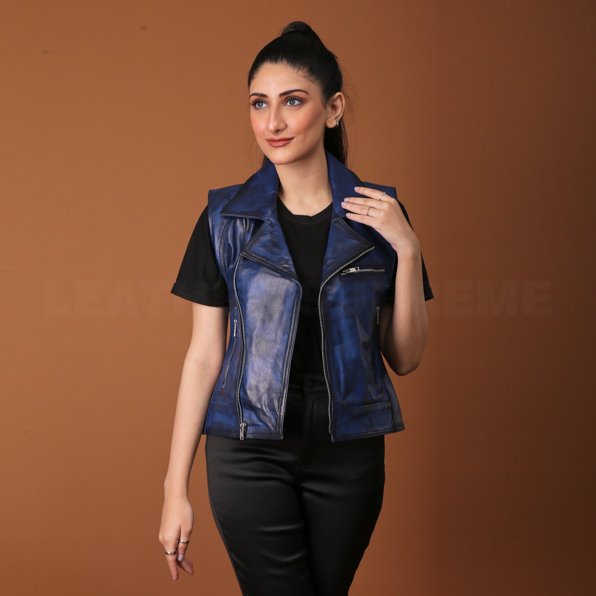 Women's Blue Leather Vest, Slim Fit Motorcycle Biker Vest, Gift For Her , Unique Gift , Girlfriend gift ,Custom Gift , Gift For Kids Custom