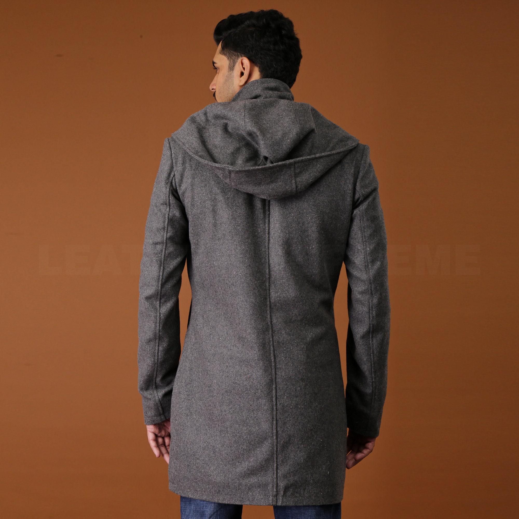 Men's Handmade Wool Trench Coat, Grey Double Breasted Hooded