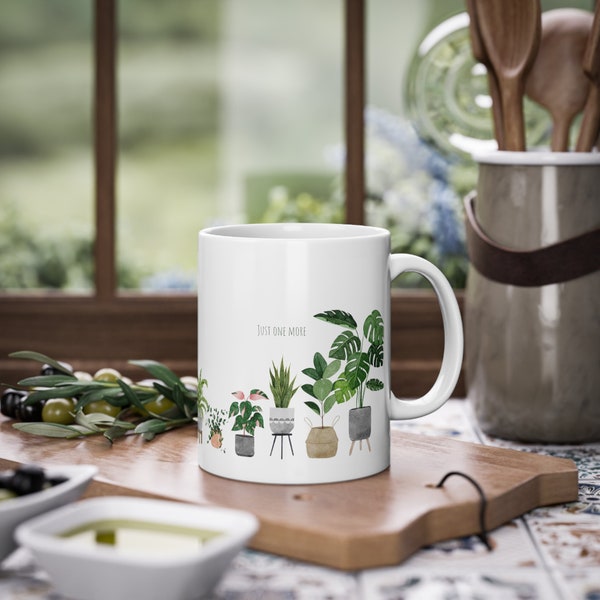 Geschenk Tasse mit Zimmerpflanzen, Tasse für Pflanzenliebhaber, Pflanzenmotiv Tasse, Just one more Tasse