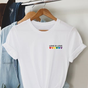 Love is Love Rainbow Heart Shirt, pocket size T Shirt. Perfect gift, Pride Rainbow Heart T shirt, Pride Shirt. Unisex T shirt. LGBT tee White-black print