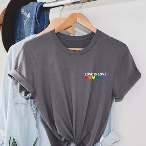 Love is Love Rainbow Heart Shirt, pocket size T Shirt. Perfect gift, Pride Rainbow Heart T shirt, Pride Shirt. Unisex T shirt. LGBT tee Charcoal-white print