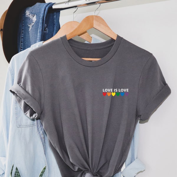 Love is Love Rainbow Heart Shirt, camiseta de bolsillo. Regalo perfecto, camiseta Pride Rainbow Heart, camiseta Pride. Camiseta unisex. camiseta LGBT