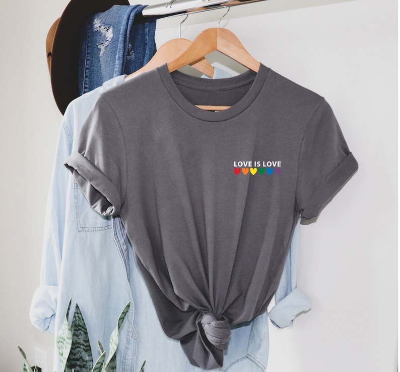 Love is Love Rainbow Heart Shirt, pocket size T Shirt. Perfect gift, Pride Rainbow Heart T shirt, Pride Shirt. Unisex T shirt. LGBT tee Charcoal-white print