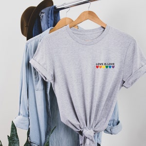 Love is Love Rainbow Heart Shirt, pocket size T Shirt. Perfect gift, Pride Rainbow Heart T shirt, Pride Shirt. Unisex T shirt. LGBT tee Grey-black print