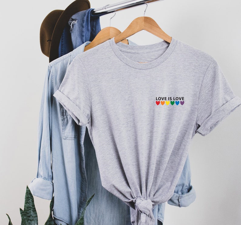 Love is Love Rainbow Heart Shirt, pocket size T Shirt. Perfect gift, Pride Rainbow Heart T shirt, Pride Shirt. Unisex T shirt. LGBT tee Grey-black print