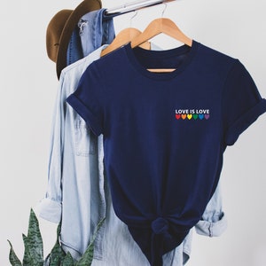 Love is Love Rainbow Heart Shirt, pocket size T Shirt. Perfect gift, Pride Rainbow Heart T shirt, Pride Shirt. Unisex T shirt. LGBT tee Navy-white print