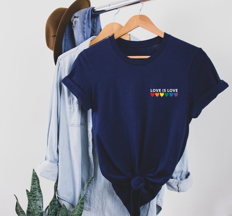 Love is Love Rainbow Heart Shirt, pocket size T Shirt. Perfect gift, Pride Rainbow Heart T shirt, Pride Shirt. Unisex T shirt. LGBT tee Navy-white print