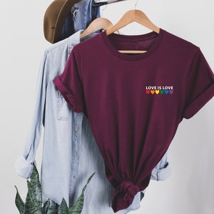 Love is Love Rainbow Heart Shirt, pocket size T Shirt. Perfect gift, Pride Rainbow Heart T shirt, Pride Shirt. Unisex T shirt. LGBT tee Maroon-white print