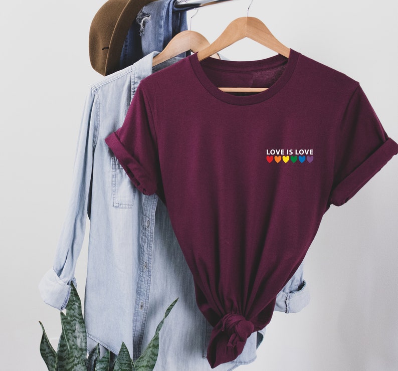 Love is Love Rainbow Heart Shirt, pocket size T Shirt. Perfect gift, Pride Rainbow Heart T shirt, Pride Shirt. Unisex T shirt. LGBT tee Maroon-white print