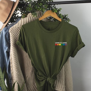 Love is Love Rainbow Heart Shirt, pocket size T Shirt. Perfect gift, Pride Rainbow Heart T shirt, Pride Shirt. Unisex T shirt. LGBT tee Olive-white print