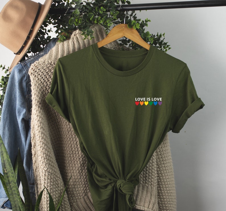 Love is Love Rainbow Heart Shirt, pocket size T Shirt. Perfect gift, Pride Rainbow Heart T shirt, Pride Shirt. Unisex T shirt. LGBT tee Olive-white print