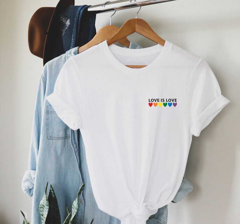 Love is Love Rainbow Heart Shirt, pocket size T Shirt. Perfect gift, Pride Rainbow Heart T shirt, Pride Shirt. Unisex T shirt. LGBT tee White-black print