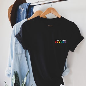 Love is Love Rainbow Heart Shirt, pocket size T Shirt. Perfect gift, Pride Rainbow Heart T shirt, Pride Shirt. Unisex T shirt. LGBT tee Black-white print