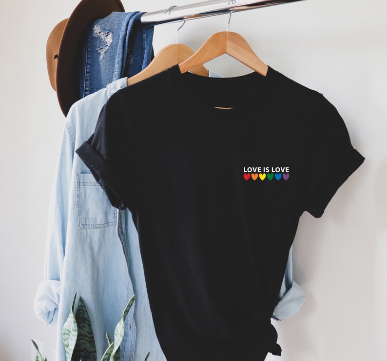 Love is Love Rainbow Heart Shirt, pocket size T Shirt. Perfect gift, Pride Rainbow Heart T shirt, Pride Shirt. Unisex T shirt. LGBT tee Black-white print