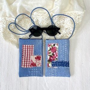 Étui à lunettes de cou, porte-lunettes en jean, porte-lunettes en denim boro, porte-lunettes brodé, porte-lunettes sashiko boro