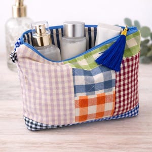 Quilted multicolored Vichy patchwork pouch – handmade cotton beauty case, handbag or travel pouch