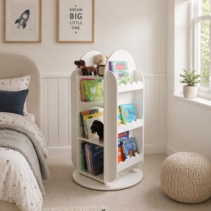 Handcrafted Rotating Scalloped Bookcase | Montessori Kids Toy Storage image 5