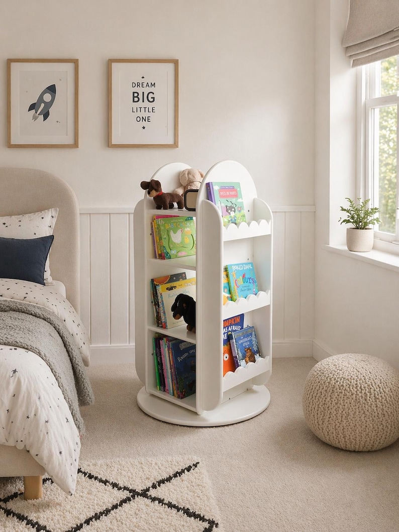 Handcrafted Rotating Scalloped Bookcase | Montessori Kids Toy Storage image 5