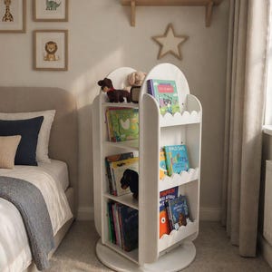 Handcrafted Rotating Scalloped Bookcase | Montessori Kids Toy Storage image 3