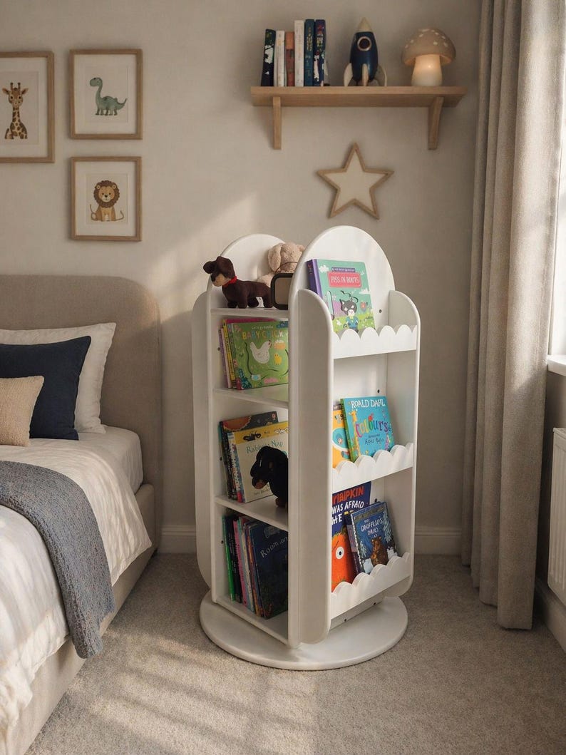 Handcrafted Rotating Scalloped Bookcase | Montessori Kids Toy Storage image 3
